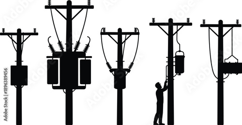 Collection of silhouettes of utility poles with transformers and a worker on white background Keywords: utility pole, electricity, power line, transformer, worker, silhouette, electrical