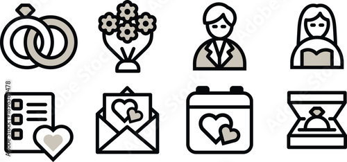 Icon Collections Wedding invitation, Bed, dress, wedding cake for Modern Web Design, Mobile Interfaces, and Digital Resources