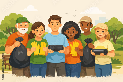 Diverse group of volunteers cleaning park together with smiles