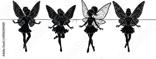 Black silhouette vector illustration set featuring beautiful winged fairy girls in various magical poses for fantasy garden and mythical creature design elements,