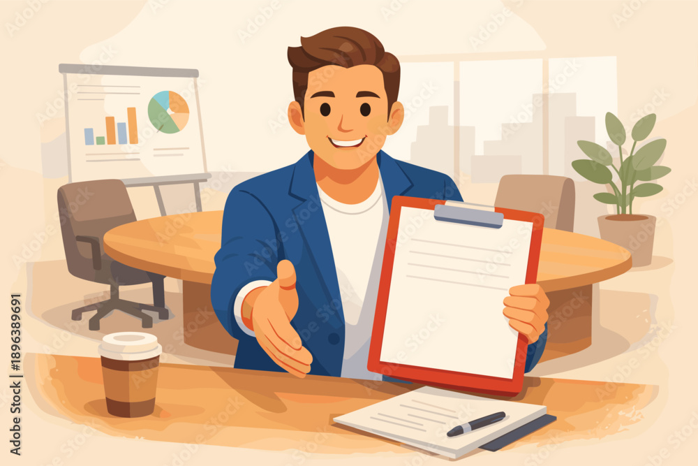 Fototapeta premium Young caucasian male professional offering handshake in office setting with documents and coffee