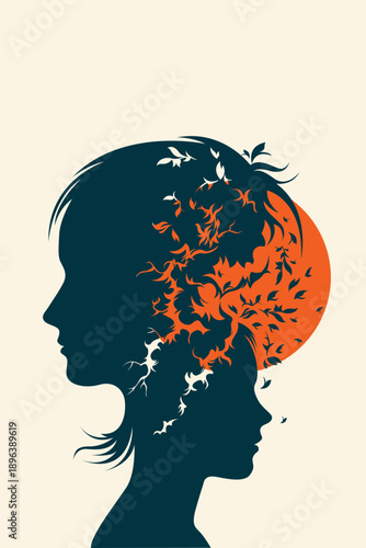 Beige Blue Silhouettes Woman Child Orange Leaf Hair Burst Orange Sun