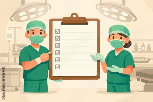 Asian male and female surgeons discuss checklist in operating room