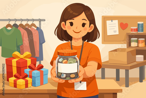 Asian female teen holding donation jar in thrift store with gifts and clothes