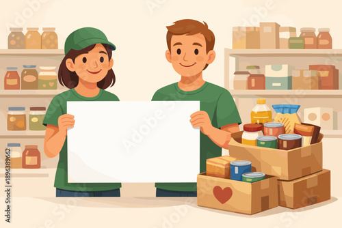 Young caucasian male and female volunteers holding sign in food drive setting