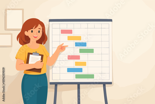 Young caucasian female presenting colorful gantt chart on easel