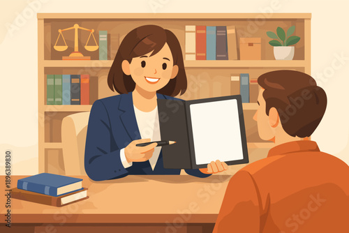 Female lawyer assisting male client in office with legal advice