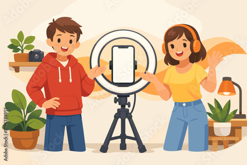 Young caucasian teens recording video with smartphone and ring light in home studio