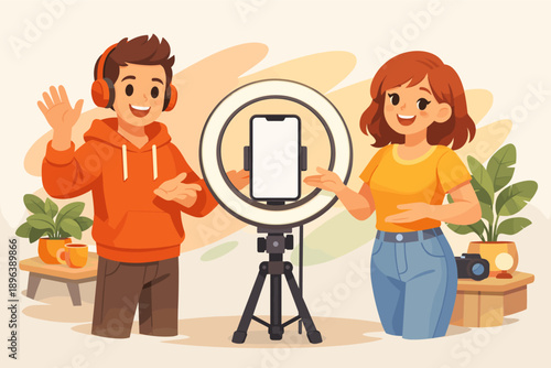 Young caucasian adults creating content with smartphone and ring light
