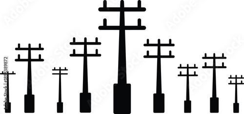 Diverse collection of black silhouette utility poles with crossarms and insulators on a white background Keywords: utility pole, power line, electricity, infrastructure, communication