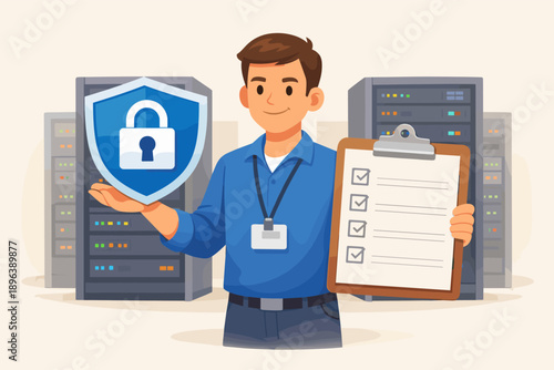 Male it technician holding security shield and checklist in data center
