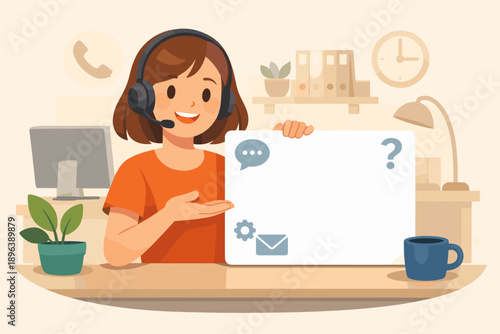 Cheerful female customer service representative holding blank sign in office