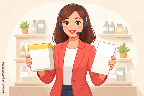 Female caucasian young adult presenting products with headset in store