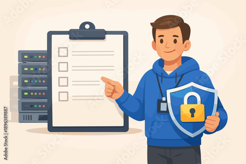 Young caucasian male it professional holding security badge in data center