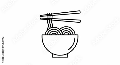 Simple Line Art Icon of Noodles in a Bowl with Chopsticks.