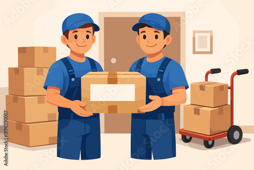 Two young asian male delivery workers holding box in warehouse setting