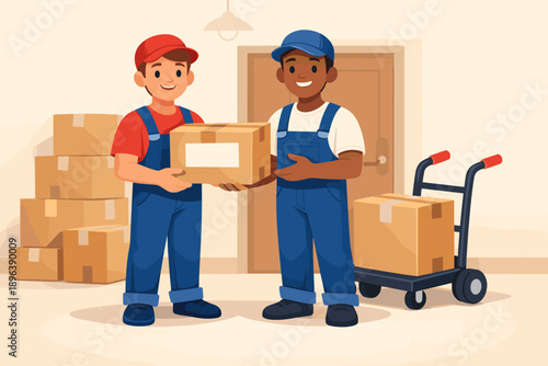 Two male delivery workers handling packages in a warehouse setting