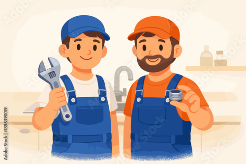 Cheerful male plumbers with tools in modern kitchen setting