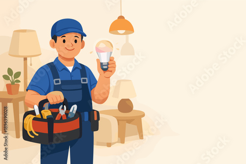 Asian male electrician with tools and light bulb in living room