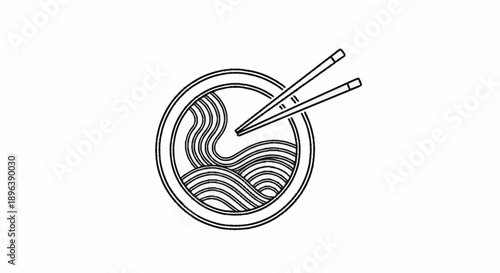 Simple Line Art Icon of Ramen Noodles with Chopsticks.