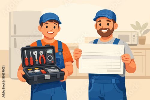 Male caucasian plumbers displaying toolkit and invoice in kitchen setting