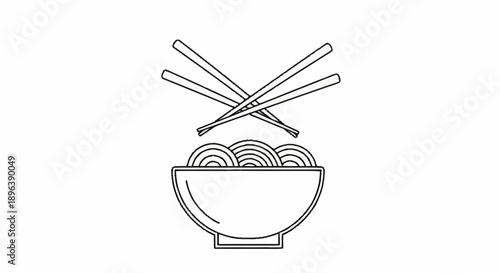 Simple Line Art Illustration of Noodles in a Bowl with Chopsticks.