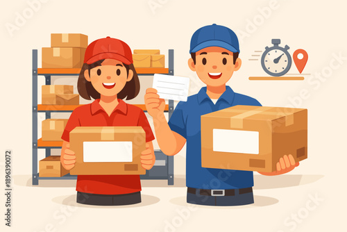 Smiling workers in warehouse handling packages and delivery tags