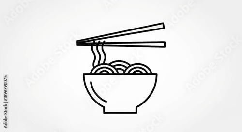 Simple Line Art Icon of Noodles in a Bowl with Chopsticks.