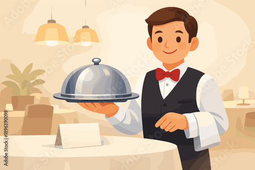 Smiling male waiter with covered dish in elegant restaurant setting