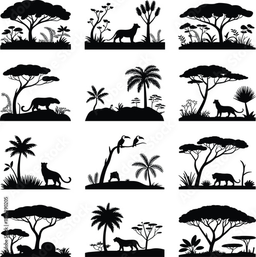 African safari silhouettes collection illustration with wildlife animals, trees and landscapes, savanna nature scenes, jungle ecosystem, black vector icons set