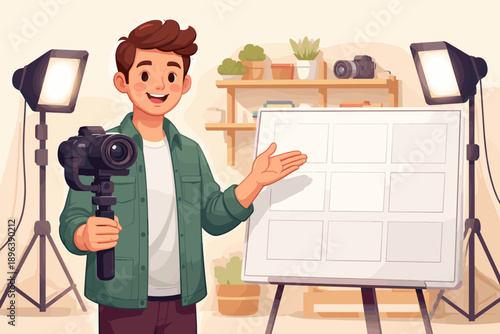 Young hispanic male photographer presenting photo storyboard in studio