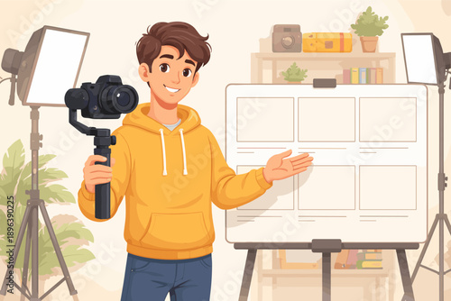 Young hispanic male vlogger with camera in studio setting