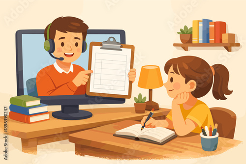 Virtual learning session for young caucasian female child with online tutor guidance