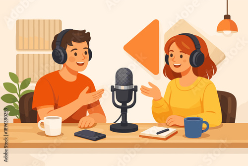 Young caucasian man and woman podcasting in studio with headphones and microphone