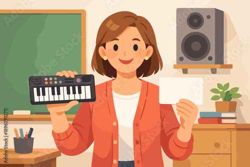Young caucasian female teacher holding keyboard and card in classroom setting
