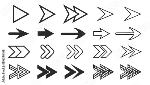 Diverse collection of right pointing arrow icons for navigation and media controls   - in trendy line style, line icons set, media, website, blog, content, web icon set, Vector illustration