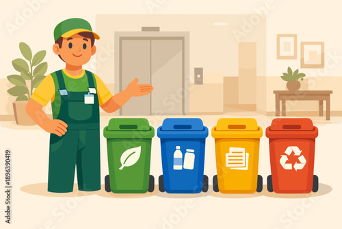 Male worker demonstrating indoor recycling bins for green initiatives