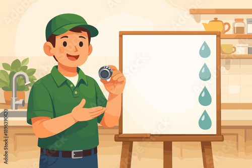 Male caucasian technician explaining water conservation with smart meter