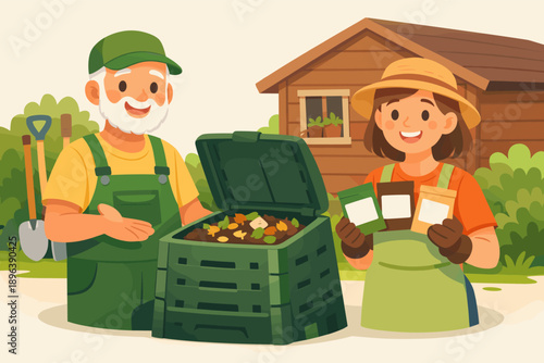 Mature caucasian male and young caucasian female gardening with compost bin