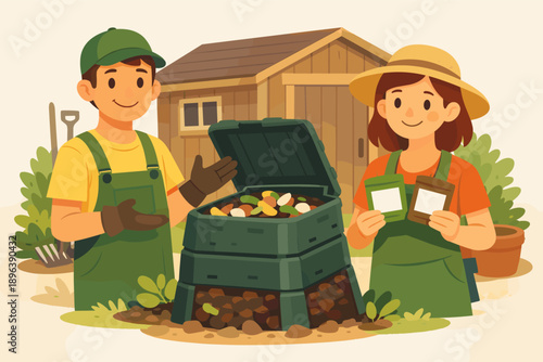 Young caucasian adults composting in garden with eco-friendly enthusiasm