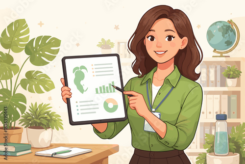 Caucasian female presenter displaying graphs on tablet in office setting