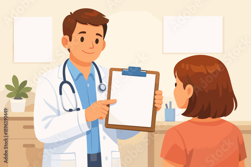 Male doctor consulting female child in clinic office with clipboard and stethoscope