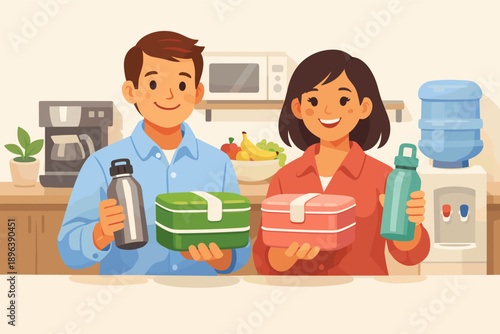 Young caucasian adults preparing eco-friendly lunch with reusable containers in kitchen