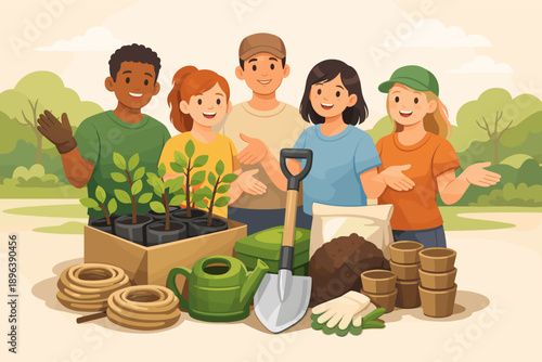 Diverse group of young adults engaging in community gardening activity