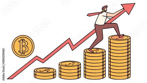 Businessman climbing bitcoin stacks towards financial growth and success   - in trendy line style, line icons set, media, website, blog, content, web icon set, Vector illustration