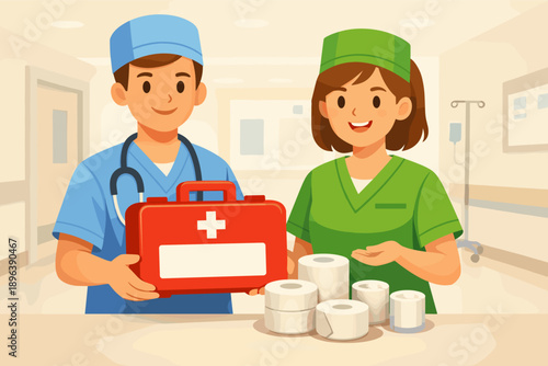 Young caucasian male doctor and female nurse in hospital with first aid kit and medical supplies