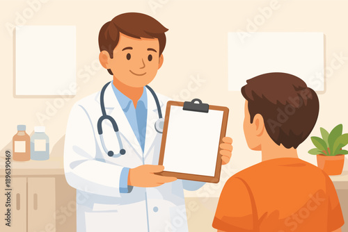Cartoon male doctor consulting young caucasian patient in clinic room