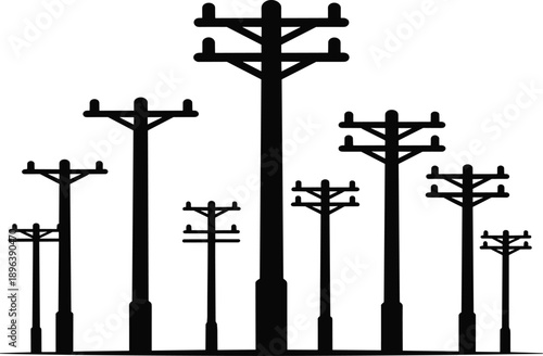 Group of black silhouette utility poles of varying heights and designs on a white background Keywords: utility pole, power line, electricity, infrastructure, communication, transmission