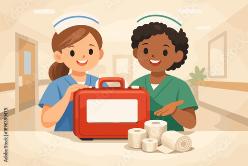 Smiling nurses with first aid kit and supplies in hospital setting