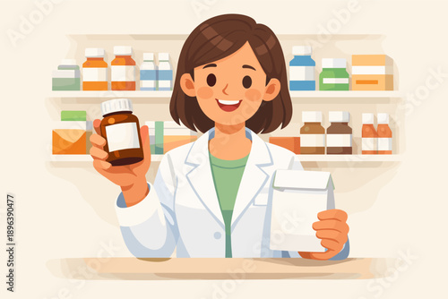 Female caucasian pharmacist in pharmacy holding medicine bottle and bag